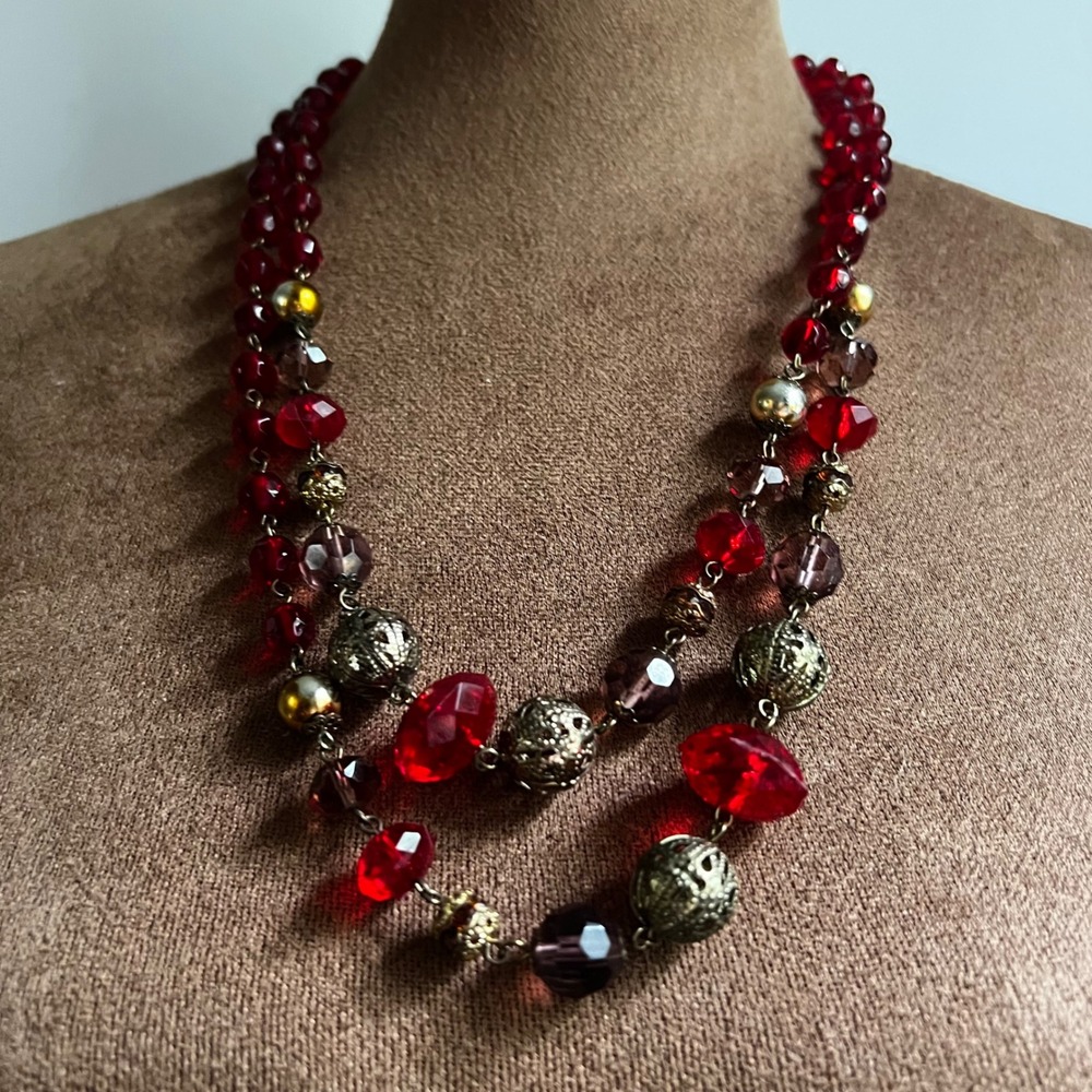 Red Glass Beaded Long Strand Necklace 48 Inch Filigree Gold Tone Whimsigoth